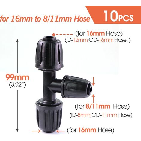 Raccord en T (16 mm à 31/8 pouces - 1/2 pouce) - Lot de 10 raccords verrouillés pour tuyau PE 16 mm, 4/6 voies, pour tuyau d'arrosage, séparateur d'eau. (1/5)