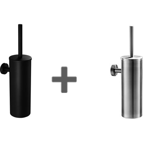 Auralum 2pcs Brosse Toilettes WC Suspendu Noir+Brossé avec Support de Brosse Balai Toilette Acier INOX Brosse Toilette avec Support Brosse Antibactérienne (1/5)