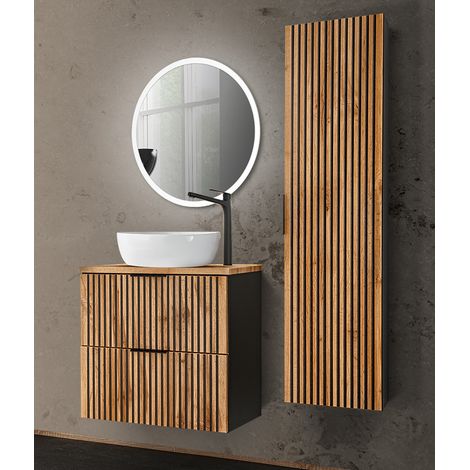 Badmöbel Set schwarz gerillt mit Waschtisch 60 cm, Hochschrank XANTEN-56 in anthrazit mit Eiche Nb., B/H/T: 110/200/46,5 cm (1/5)