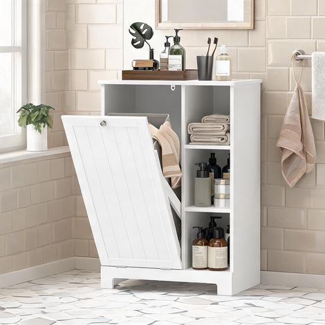 Meuble de salle de bain blanc avec panier à linge et trois en MDF (1/5)
