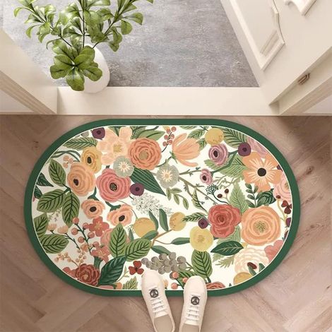 Kieselgur-Badematte, Vintage-Blumenmuster, super saugfähig, schnelltrocknend, rutschfest, skandinavischer Stil, Fußmatte aus Naturkautschuk, Badematte (40 x 60 cm, grün)