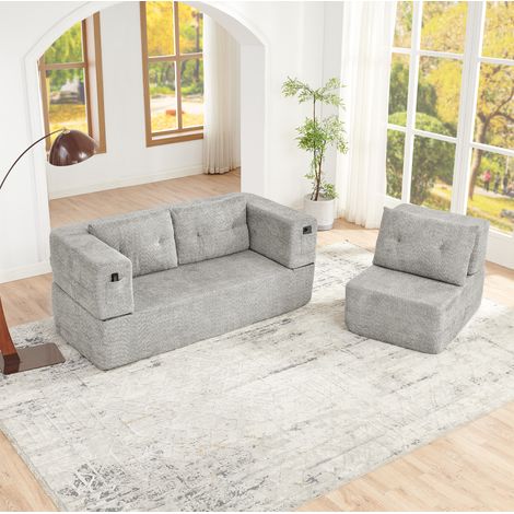 Canapé modulable convertible avec fauteuil, lit d'appoint sans montage, tissu gris clair (1/5)