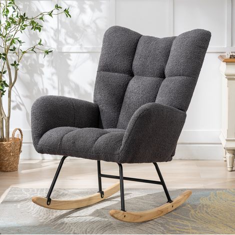Sillón mecedora de tejido teddy gris con respaldo alto y reposabrazos OKWISH (1/5)