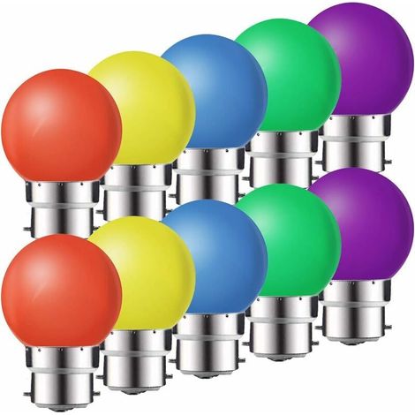 Lot de 10 ampoules LED B22 2W ,ampoule écoénergétique colorée Couleur,Ampoule de Noël,Ampoules Guirlande Rouge, Jaune, Bleu, Vert, Violet, (équivalent 20W) [Classe énergétique G] (1/5)