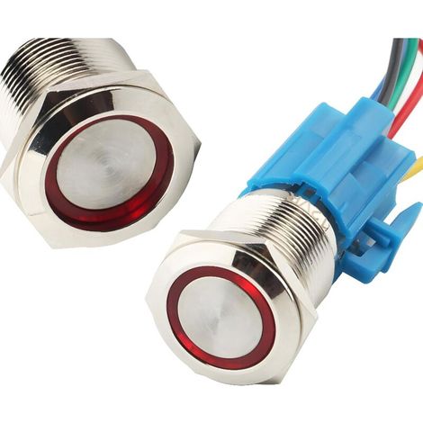 19mm 12V Verrouillage Bouton-poussoir, LED Démarrage Bouton ON/OFF Commutateur Bouton Auto-bloquant en Acier Inoxydable Interrupteur Etanche (Rouge) (1/5)