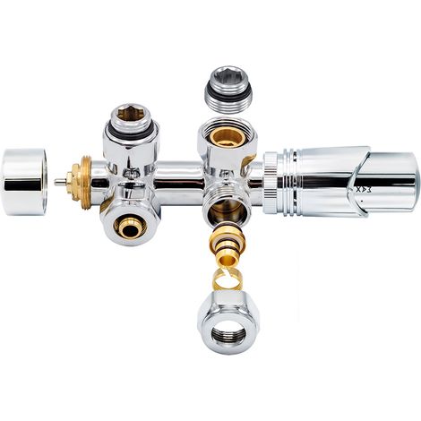 Anschlussgarnitur Mittelanschluss Heizkörper Multiblock Eck Chrom OVP Anschlussgarnitur Mittelanschluss Multiblock Eck Chrom 1/2" PEX 16x2mm Konus M30 (1/4)