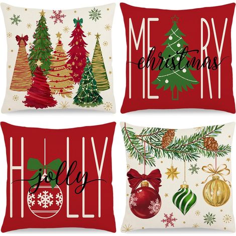 Juego de 4 fundas de cojín navideñas, de 45x45 cm, con estampado de bolas de Navidad, para colocar en el sofá o la cama y decorar tu espacio interior o exterior durante las fiestas. (1/5)