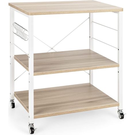 Costway – Desserte de cuisine sur roulettes – 3 niveaux avec 10 crochets amovibles – Structure en acier – Étagère réglable pour micro-ondes (1/5)