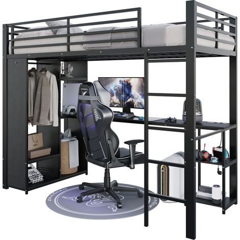 Lit mezzanine 90x200 en métal noir avec bureau, LED, étagères et armoire ouverte, prise USB Type-C, pour chambre ado (1/4)