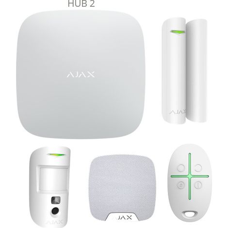 Starterkit alarme sans fil AJAX HUB 2 – Sirène intérieure HomeSiren 103 dB – Détecteur de mouvements MotionCam 12m – Télécommande SpaceControl