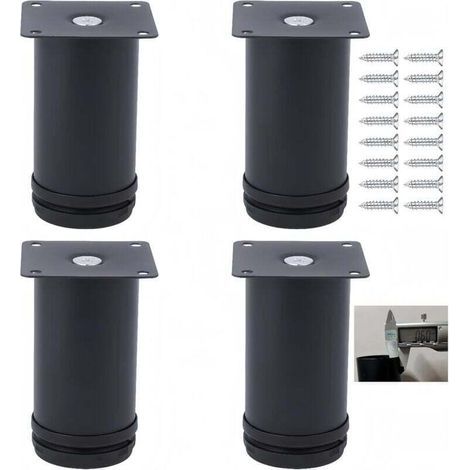 Set di 4 piedini regolabili in acciaio inox per mobili, 50 mm x 60 mm, ideali per bagno, ufficio e cucina, altezza regolabile, viti in acciaio inox (nere, 6 cm) (1/4)