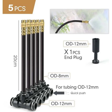 (H-12 mm à 8 mm, lot de 5) Tuyau d'irrigation flexible rotatif à 360° de 20 cm en laiton avec buse de pulvérisation réglable et raccord rapide en T pour tuyau de 6/8/10/12 mm. (1/5)