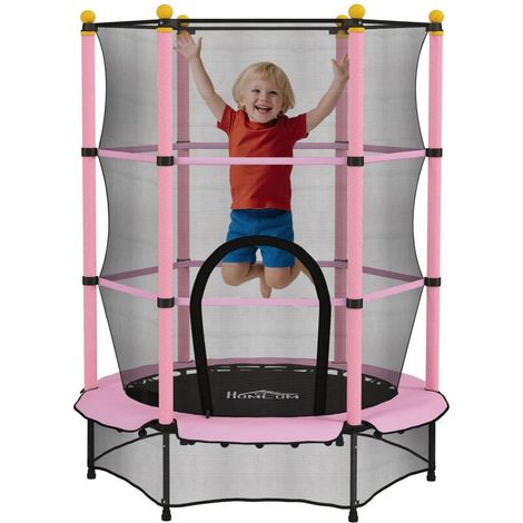 Trampoline Enfant Ø 1,40 × 1,90H m Filet de sécurité Porte zipée Couvre-Ressorts 6 poteaux rembourrés Inclus Rose