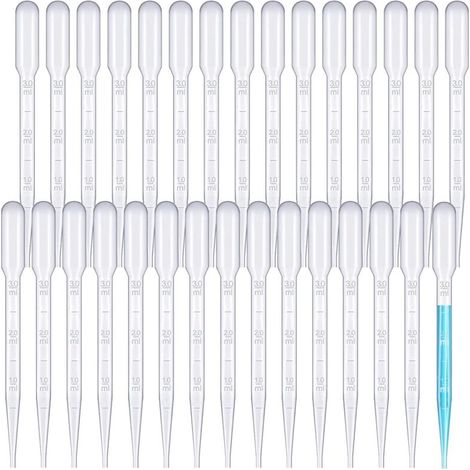 Pipette di trasferimento in plastica da 3 ml – Confezione da 30, ideali per laboratori, oli essenziali e usi didattici.