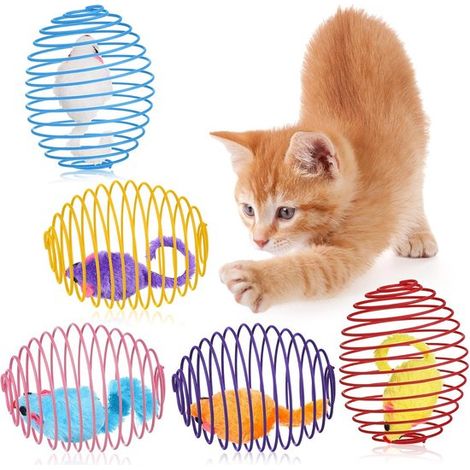 Jouets interactifs pour chats - 5 pièces - Jouets à ressort extensibles - Jouets interactifs pour chats - Jouets pour chats - Interactifs et intelligents - Souris en cage - Souris jouet pour chatons - (1/5)