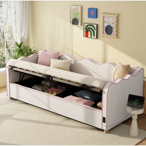 REDOM - Cama infantil 90x200 cm - avec rangement hydraulique - bouclé - beige (Sans matelas) (1/5)