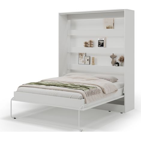 Lit escamotable vertical DIVO avec éclairage LED – Armoire lit design avec bibliothèque intégrée-Blanc-160x200 (1/5)