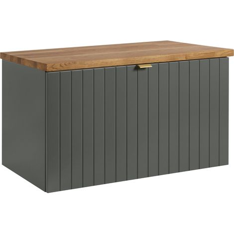 Meuble sous-vasque suspendu HARMO 80 cm avec plan en bois massif Façade rainurée vert semi-mat (1/5)