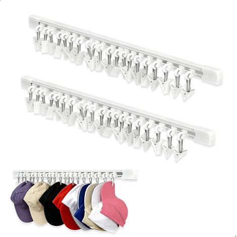 2 Pièce Porte Casquette Mural, 2 Pièce Rangement Casquette, Support Chapeau avec 20 Pinces, Adhésif Glissière Convient aux Murs, Portes, Armoires pour Chapeaux, Écharpes, Chaussettes, Serviettes (1/5)