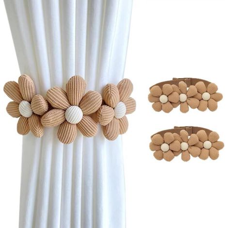 Sonnenblumen-Raffhalter für Gardinen – 2er-Set Raffhalter im Bohème-Stil mit drei Blumen, hübsche dekorative Blumenbänder (khaki)