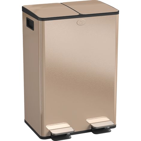 Poubelle cuisine 2 compartiments 2x28L inox couvercle fermeture douce, 45,8x36x67,6 cm, or (1/5)