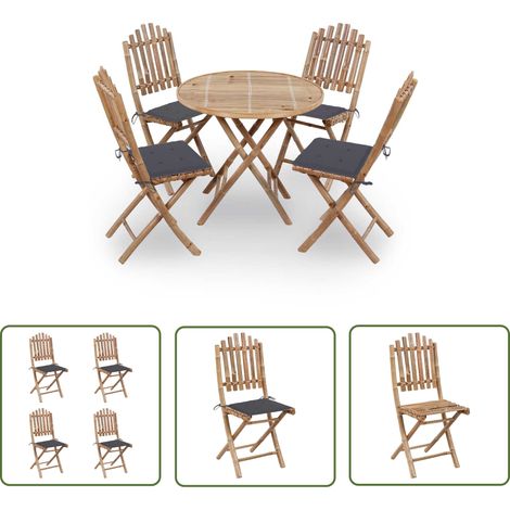 The Living Store Mobilier à dîner d'extérieur pliable 5 pcs avec coussins bambou - Meubles De Jardin - Salon De Jardin - Mobilier Extérieur - Set De Table - Table Pliante (1/5)