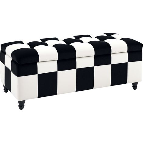 Stylish Storage Ottoman Bench with Wooden Legs,Velvet Upholstered Footstool for Bedroom,Hallway,Living Room-114x47x47cm,White & Black
