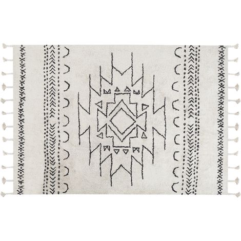 Alfombra de algodón blanco crema negro 140 x 200 cm geométrico borlas Khouribga (1/5)