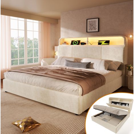 MEUBLIV Letto 140x200 cm beige con testiera contenitore, LED e USB/Type-C, senza materasso (1/5)