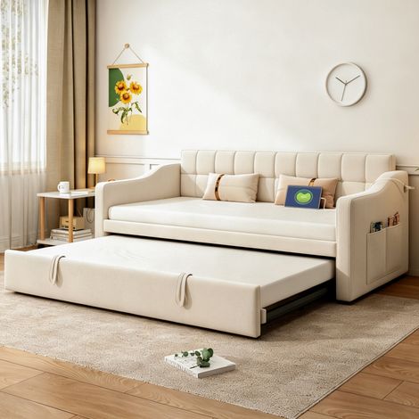 Canapé-lit convertible 207x99x80 cm en velours beige, gain de place pour salon FloraGrace (1/5)