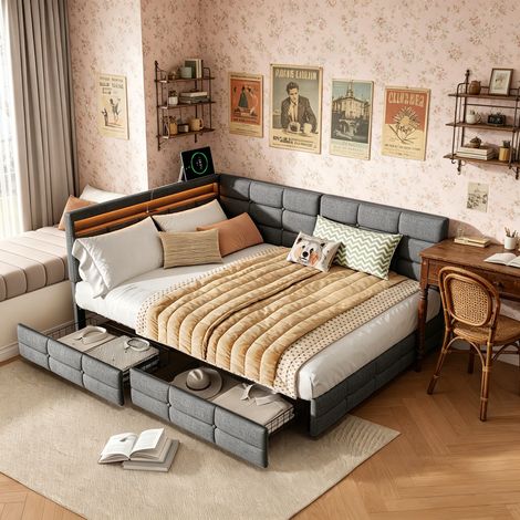 Lit adulte 140x190 avec 2 tiroirs, Lit Banquette rembourré avec LED Ambiante et Port USB, lin gris, Sommier à Lattes en Bois