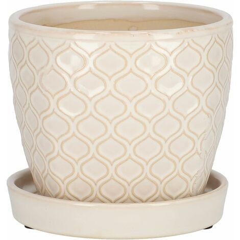 Pot de fleurs en céramique émaillée ⌀ 12 cm crème vintage avec bac d'égouttement – Motif écailles de poisson – Hauteur 11 cm-NANOTEH (1/5)