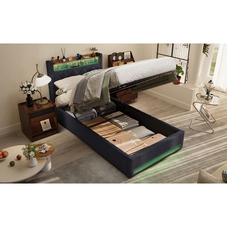 Lit coffre 90x190, lit simple rembourré avec LED réglable et prises USB,velours gris, sans matelas (1/5)