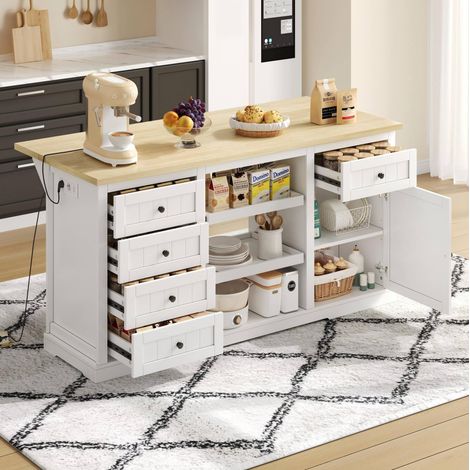 Isola da cucina 150x65x75,5 cm in MDF bianco e legno naturale, con contenitore FloraGrace (1/5)