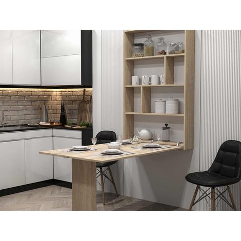 Bestmobilier – Table murale rabattable 4 personnes – Panneau stratifié blanc – Dimensions L80xP130 cm – Rangement intégré – Design contemporain (1/5)