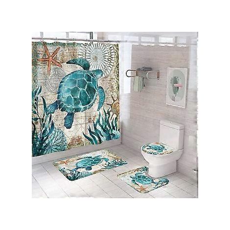 4-teiliges Duschvorhang-Set mit Meeresschildkrötenmotiv, inklusive rutschfester Matte, WC-Deckel und Badematte wasserdichter Vintage-Duschvorhang mit 12 Haken.