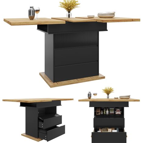 CAIziTable à manger télescopique (110-140×80cm), table de cuisine pliante pour 4-6 personnes, table à manger extensible, table de cuisine gain de place pour cuisine et salon, table à manger avec trois (1/5)