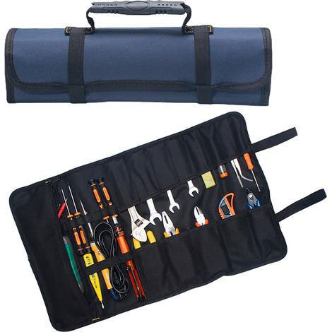 Sac à Outils Enroulable 14 Poches en Tissu Oxford Pochette à Outils pour électriciens 58 x 35 cm Étanche Organisateur de Rouleau à Outils Fourre-tout pour Charpentier Plombier Bleu (1/5)