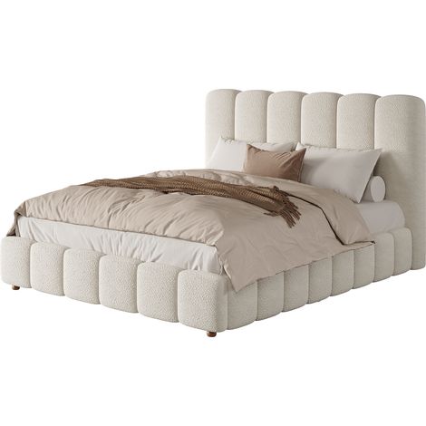 Lit double coffre hydraulique 140x190 cm blanc en bouclé avec, tête de lit rembourrée, grand rangement et sommier à lattes (1/5)