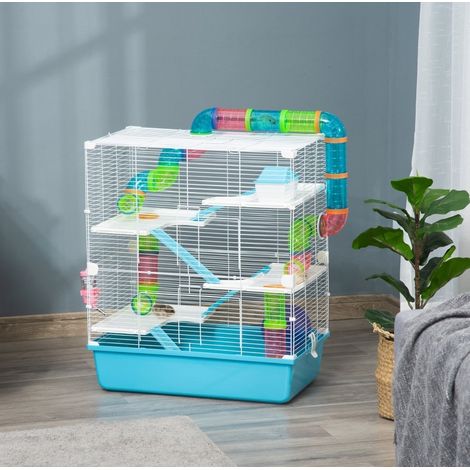 Gabbia 5 livelli per piccoli animali con rampa e ruota, 59x36x69 cm, blu/bianco DESVIAE (1/5)
