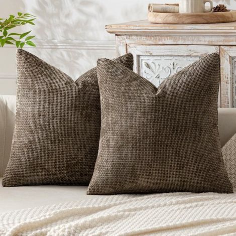 Fodere per cuscini in lino, confezione da 2, 45 x 45 cm, adatte per interni, divani, camere da letto e auto, colore caffè. (1/2)