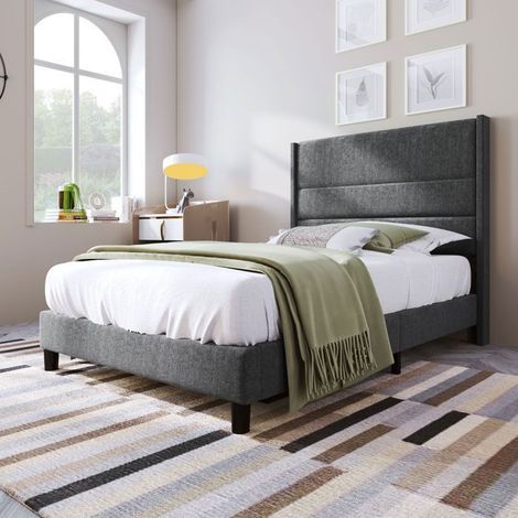 Lit simple rembourré 90x200cm - lit une place - Gris - Style scandinave - Tête de lit - Sommier à lattes (1/5)