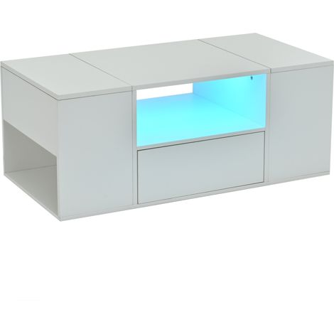 Table basse blanche laquée avec LED, 1 tiroir et 2 armoires, 6 espaces de rangement, 100 x 50 x 40 cm (1/5)