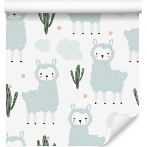 Papel pintado con estampado de llamas, plantas y nubes para salón y dormitorio, 50x1000 cm. (1/5)