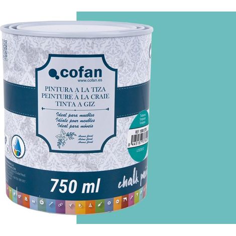 COFAN pintura a la tiza, chalk paint, turquesa 750 ml , Pintura a la tiza o chalk paint especial para la restauración, renovación y decoración de muebles de madera. Proporciona un