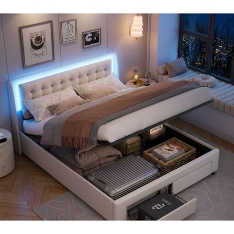 Lit coffre 140x190,lit 140x190 avec sommier à lattes,2 tiroirs,LED,lit double capitonné,lit adulte,lit 2 personnes,tissu en velours,Beige (1/5)