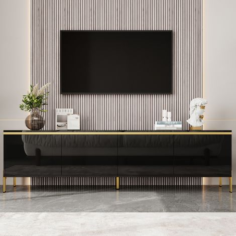 Meuble TV moderne haute brillance,quatre portes d’armoire,interface câble,bande dorée sur bord,meuble TV avec rangement pour le salon.-Mi (1/5)