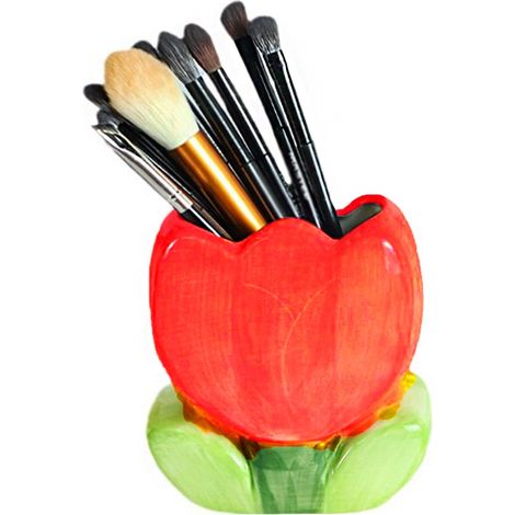 Pot à Crayon en Ceramique, Pot pour Pinceau de Maquillage, Petit Pot Pinceaux Maquillage Porte Stylo Bureau Design Vase a Fleur pour Stylos, Maison, Bureau DéCoratif Rouge 11.3L x 12.2H x 6.9W cm