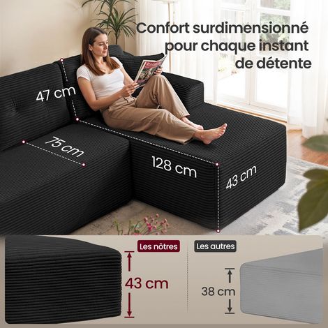 Canapé d'angle modulable 150 x 244 x 73 cm avec grande méridienne confortable style moderne en velours noir (1/2)