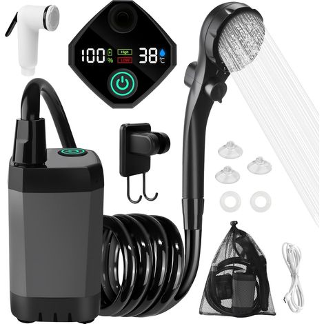 Kit Douche de Camping,Douche Portable avec Affichage de La TempéRature et Affichage de La Puissance,6000mAh Rechargeable,Pommeau RéGlable,pour ExtéRieure,Camping,RandonnéE,Animaux Domestiques